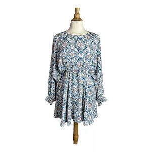 Lena Dress M Blue Floral Dolman Balloon Sleeve Mini Lined Chiffon